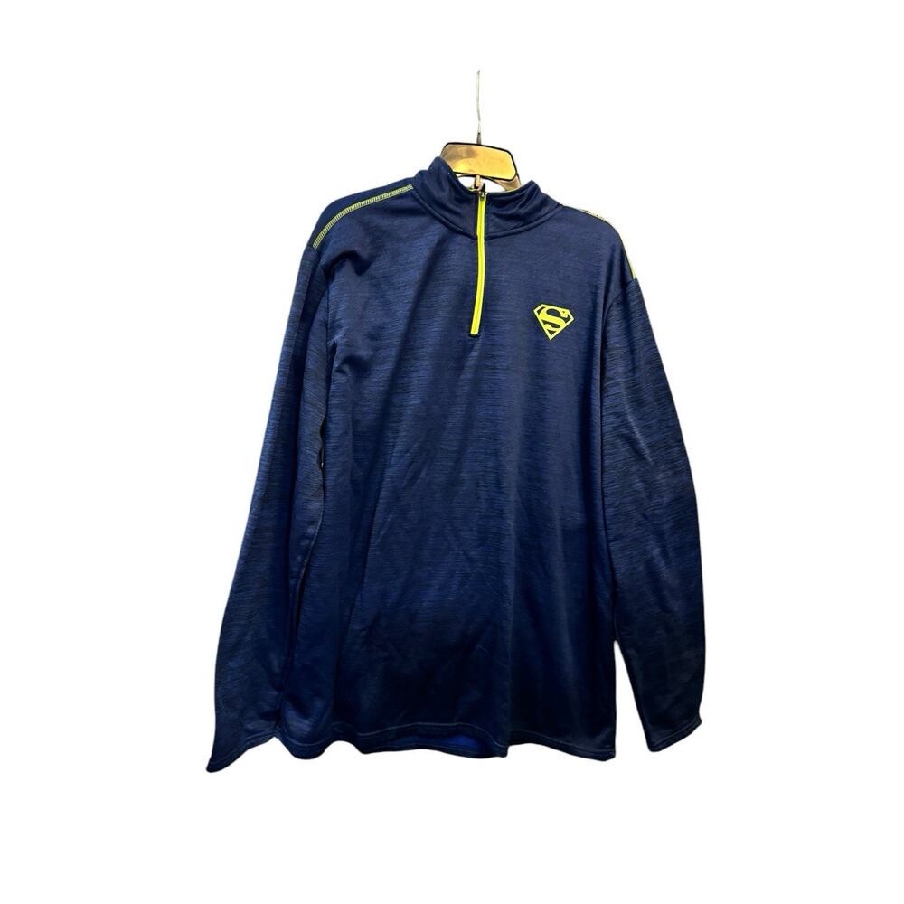 DC Superman Jacket Mens Blue 1/4 Zip Pullover Yellow Neon Logo Size 2XL